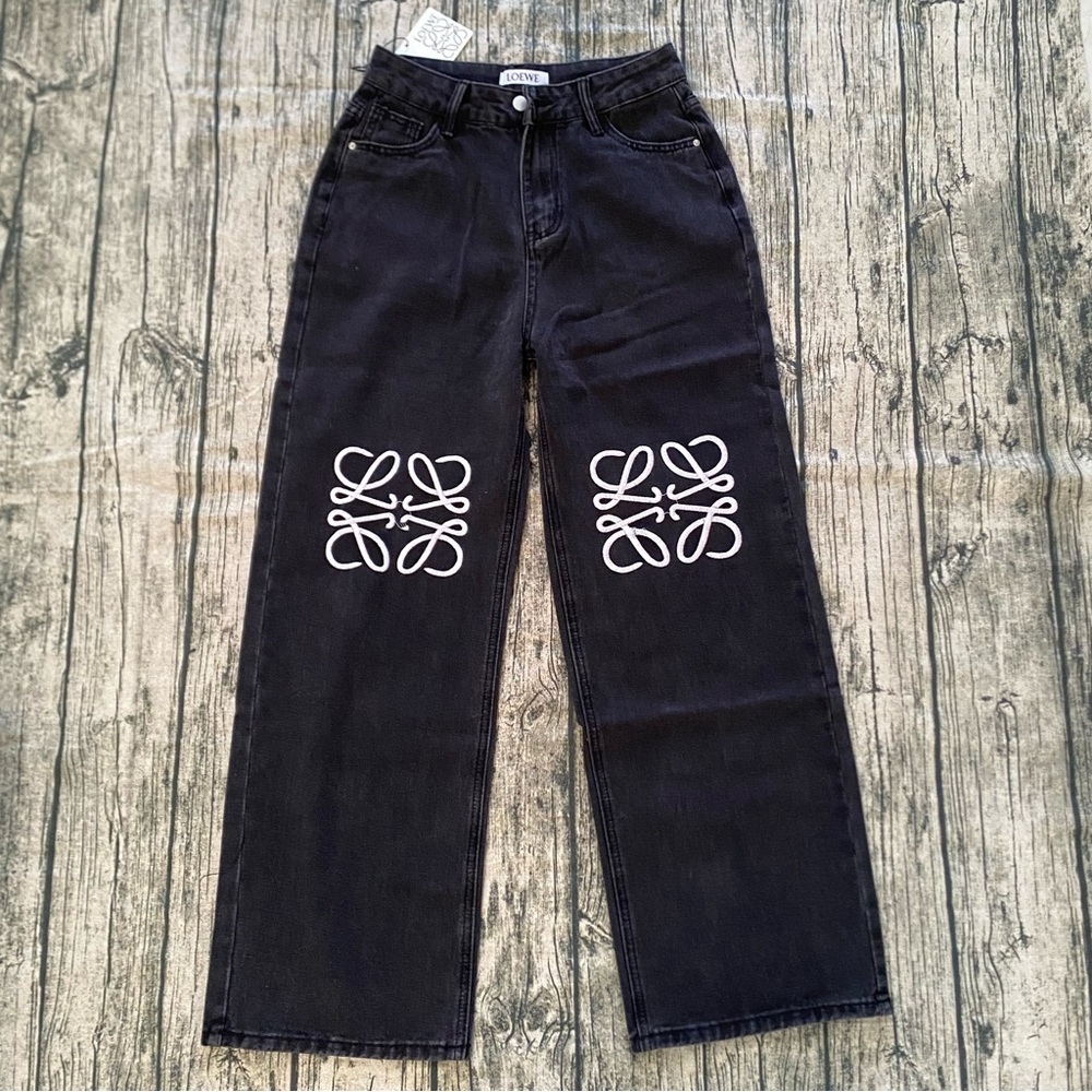 Loewe Black Low Rise Embroidered Logo Print Straight Pants Womens Size 26